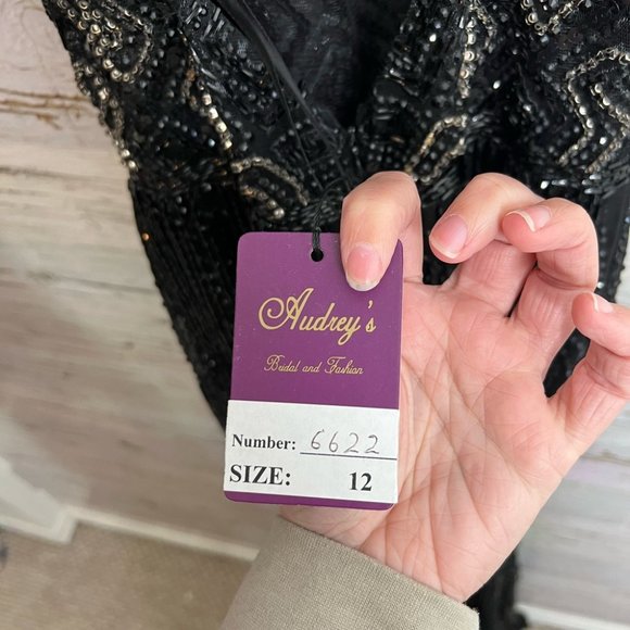 Fully beaded Evening gown black fringe NWT bridal size 12 - Picture 5 of 10